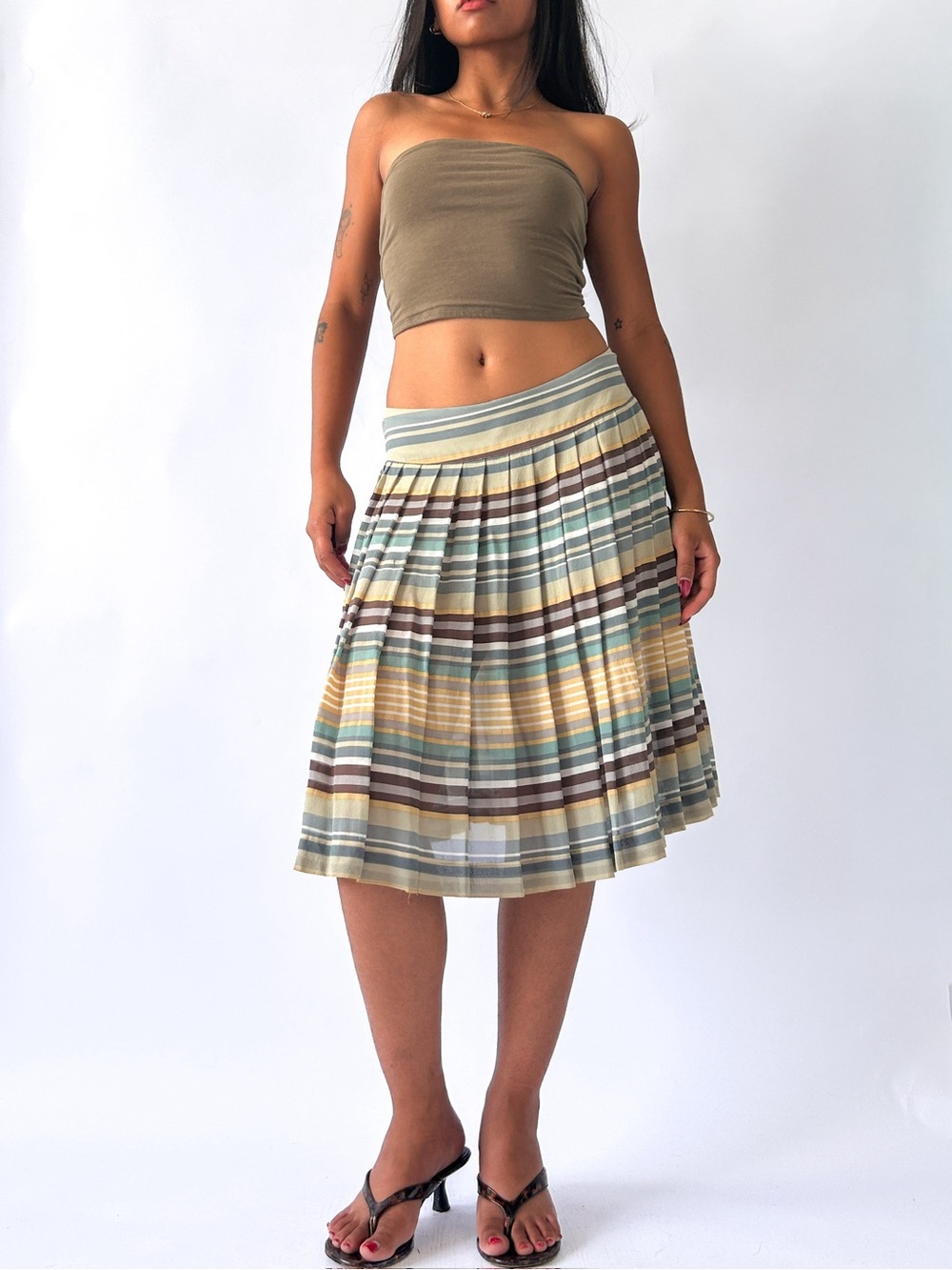 Tombolini Vintage Pleated Mesh Midi Skirt in Sage, Beige, Brown Stripes
